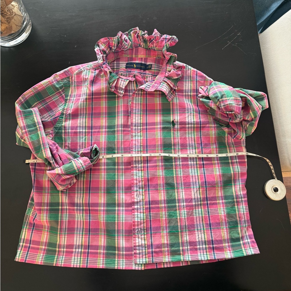 Upcycled dress shirt with ruffle collar